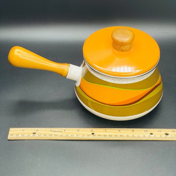 70s Kaki Green Orange Waves Enamel Fondue Pot with Lid Vintage Saucepan - Picture 7 of 10
